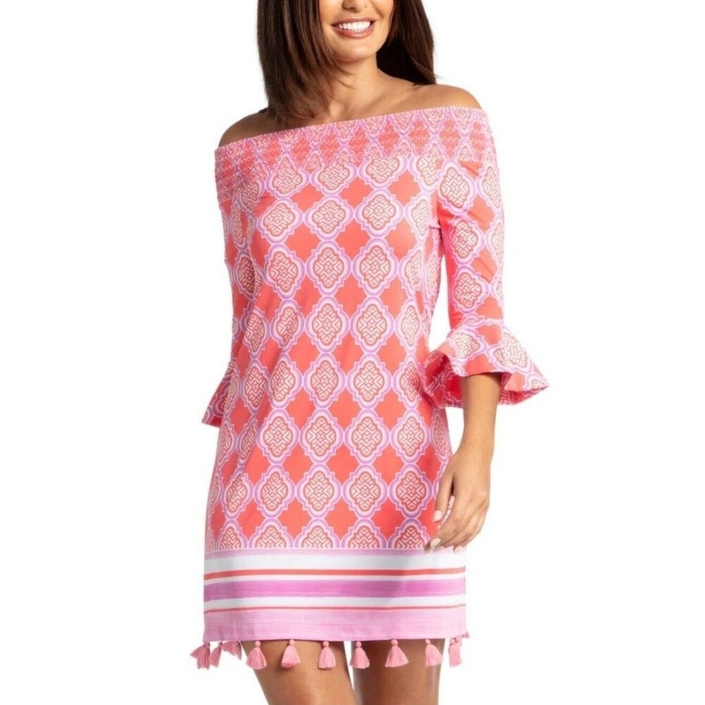 Cabana Life St. Barts Off the Shoulder Dress Coral Geo Coverluxe Smocked Dress